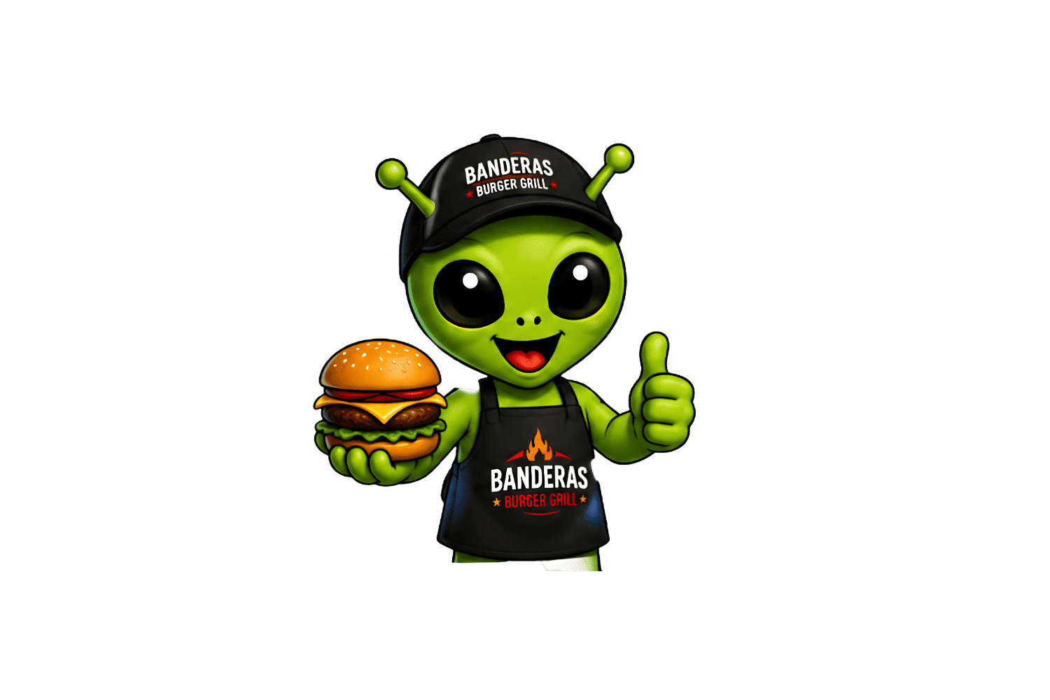 Alien mascot holding a burger, wearing a cap and apron with "Banderas Burger Grill" logo.