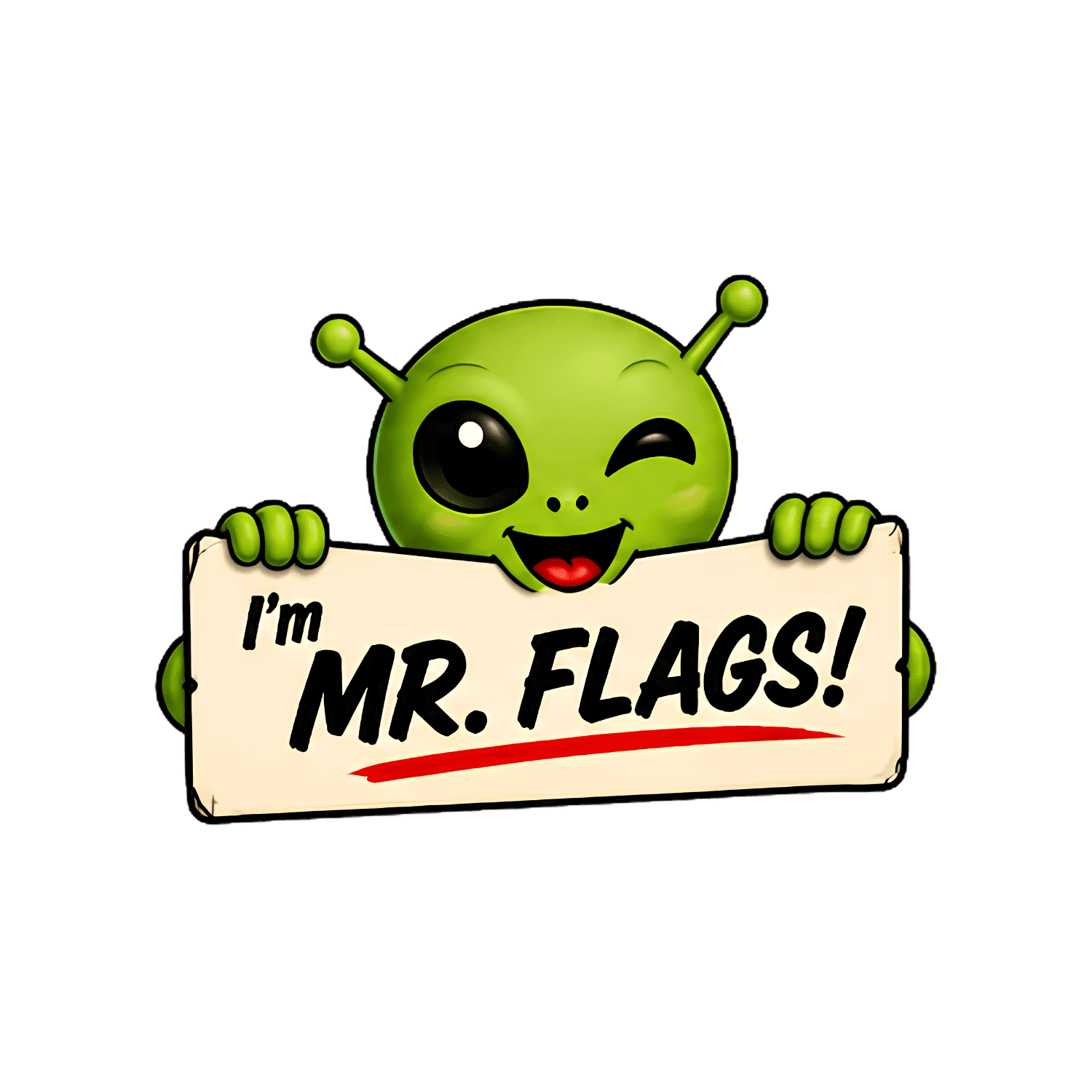 Alien mascot holding a sign that reads "I'm Mr. Flags!" while winking.